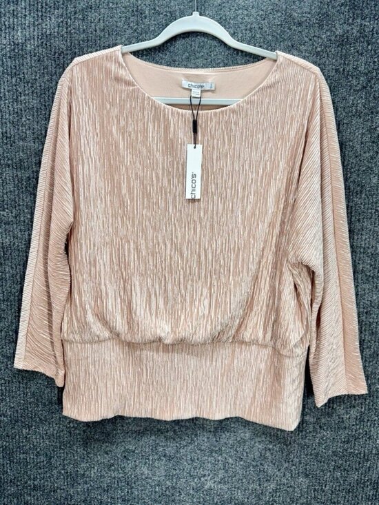 Chico's Tops - Chicos Velvet Crinkle Top Womens 2/Large Rose Pink Banded Bottom Long Sleeve NEW